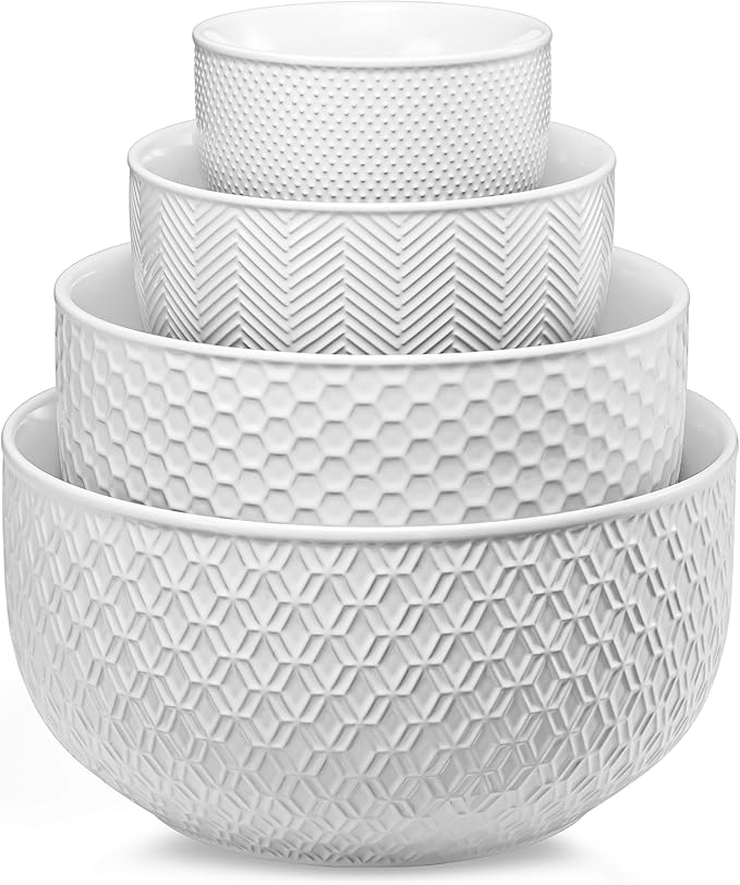 KooK Ceramic Mixing Bowls, Nesting Set of 4, Embossed Kitchen Dishware by Kook