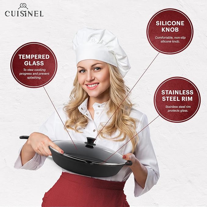 Cuisinel 15" Cast Iron Skillet + Glass Lid Cover + Pan Scraper + Heat-Resistant - Image 5