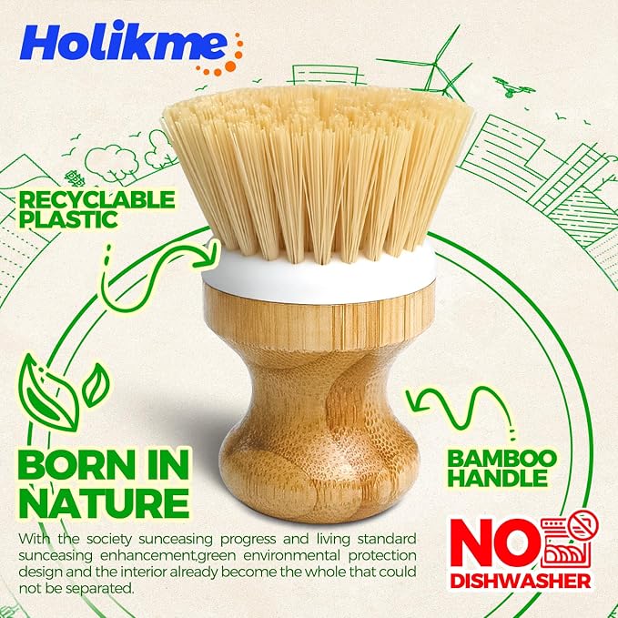 Holikme Bamboo Palm Brush Dish Brushes Vegetable Scrubber Round Natural Scrub - Image 5