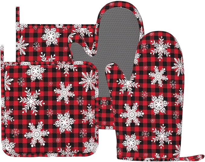 Red Black Buffalo Plaid Oven Mitts and Pot Holders Set by Unknown