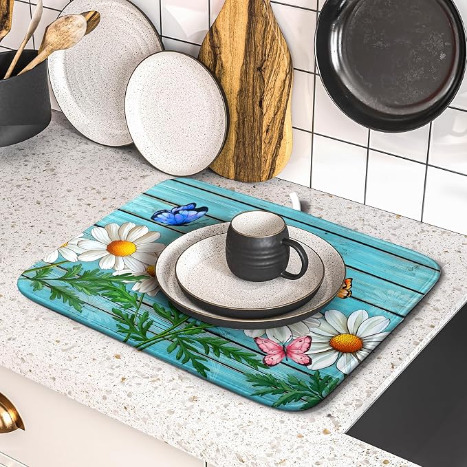 Daisy Dish Drying Mat for Kitchen Counter 16x18in Turquoise Daisy Old Wooden - Image 5