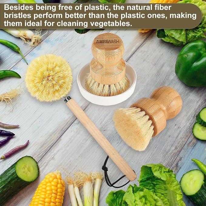 Wooden Dish Brush Set Clean Pots, Pans and Vegetable, Natural Bristles Bamboo - Image 3