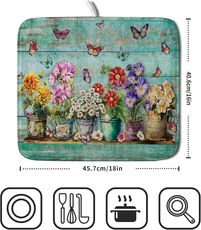Flower Dish Drying Mat for Kitchen Counter 16x18 Inch Rustic Vintage Microfiber - Image 2