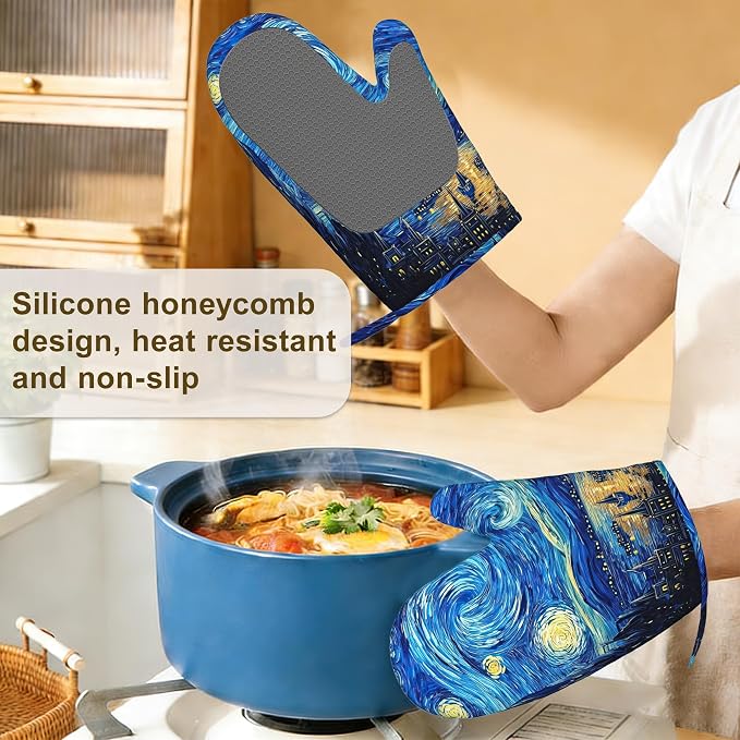 Starry Night Oven Mitts and Pot Holders Set of 4, Heat Resistant Non Slip - Image 4