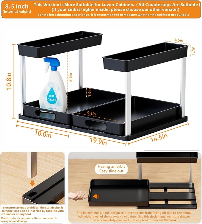 Yieach 2 Pack 10.8″ High Pull Out Under Sink Organizer, 14.5″ Deep 2 Tier Slide - Image 3