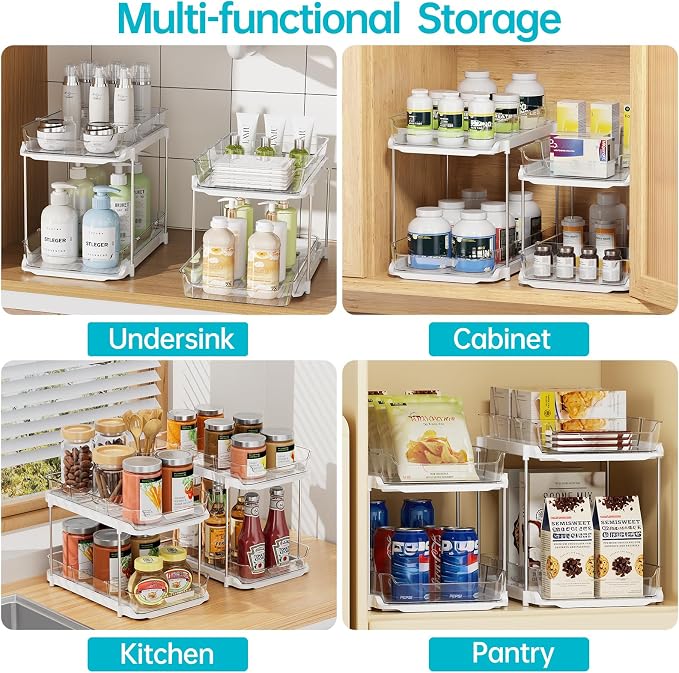 Delamu 3 Pack 2-Tier Bathroom Under Sink Organizers and Storage, Pull Out Clear - Image 7