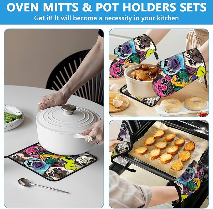 Colorful Pug Dog Face Oven Mitts and Pot Holders Sets Heat Resistant 4Pcs - Image 6