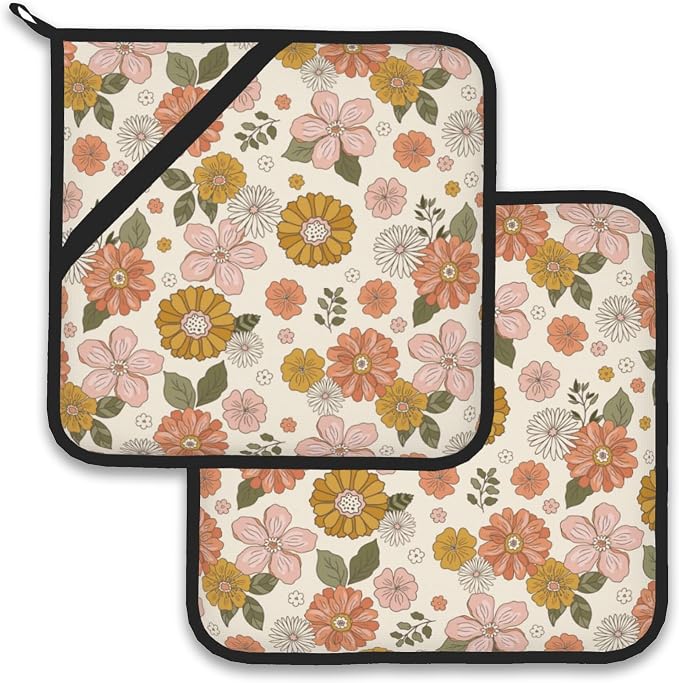 Retro Boho Groovy Flower Pot Holder Set of 2, Heat Resistant Potholders Oven by Larkverk