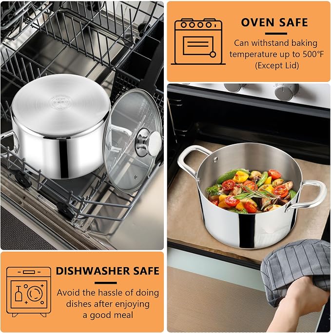 P&P CHEF 4 Quart Tri-Ply Stainless Steel Stock Pot, 4 Qt Stockpot Pasta Cooking - Image 7