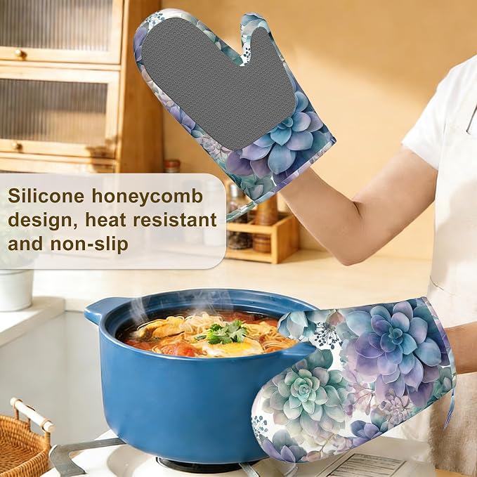 Succulent Botanical Floral Oven Mitts and Pot Holders Sets of 4, Heat Resistant - Image 4