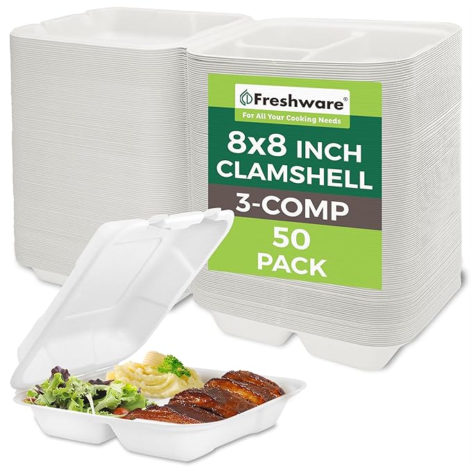 Freshware Compostable Clamshell Food Containers 3-Compartment 50-Pack, by Freshware