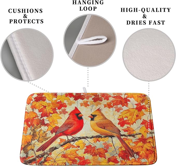 Fall Dish Drying Mats for Kitchen Counter Maple Leaf Cardinal Birds Dish - Image 3