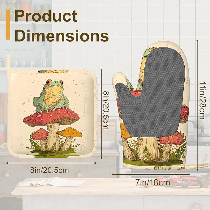 Green Frog Oven Mitts and Pot Holders Sets, Silicone Mushroom Kitchen Mitts - Image 2