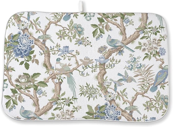 Blue Green Dish Drying Mat 18x24 Inch Chinoiserie Vintage Floral Bird Drying by DAFENA