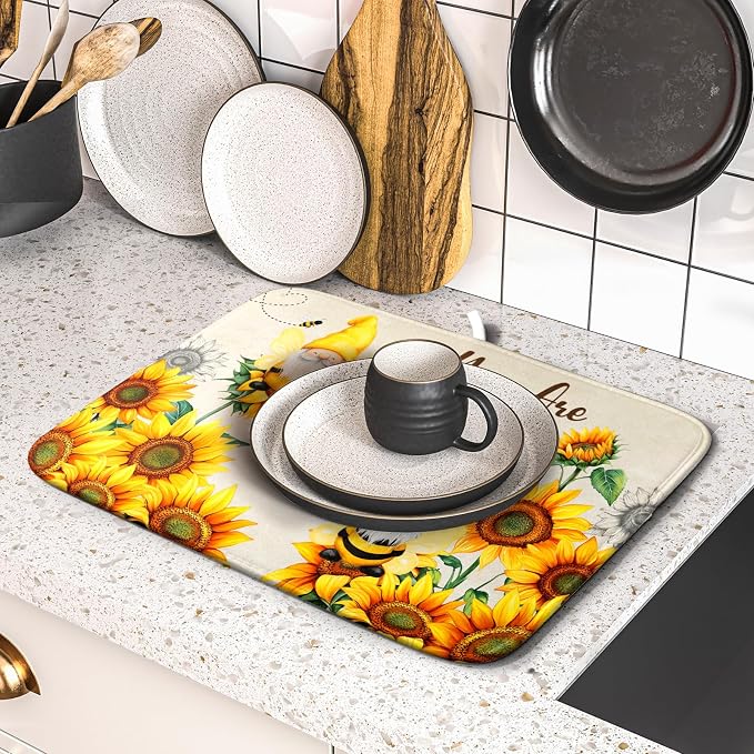 Giwawa Bee Gnomes Dish Drying Mat, Summer Sunflowers Elf Dish Drainer Mats - Image 5