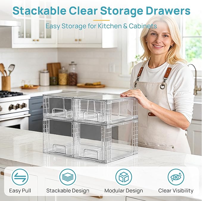 Vtopmart 4 Pack Clear Stackable Storage Drawers, Under Sink and Kitchen - Image 3