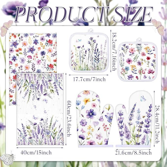 Spring Lavender Oven Mitts and Pot Holders Kitchen Dish Towels Set Purple - Image 3