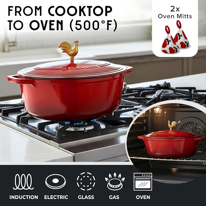 MUELLER HOME 5.5 Quart Enameled Cast Iron Oval Dutch Oven w Rooster Knob & - Image 4