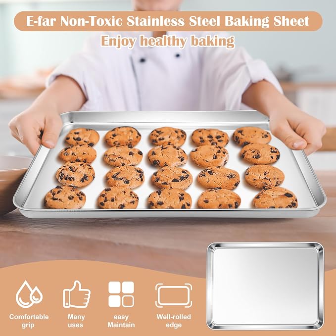 E-far Baking Sheets Set of 4, 16” x12” x 1” Stainless Steel Cookie Sheets Pans - Image 6
