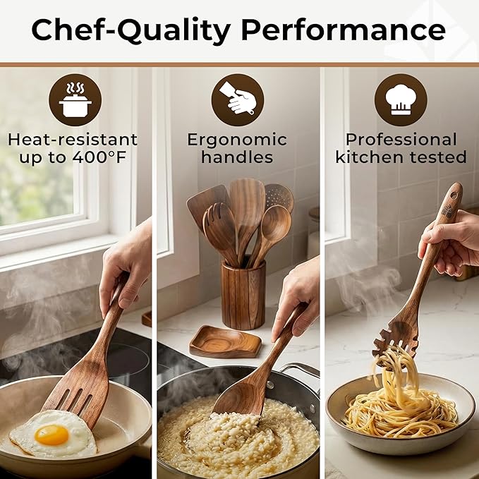 Wooden Utensil Set 8 Pcs – Sturdy & Easy to Clean, Natural Teak Wooden Spoons - Image 5