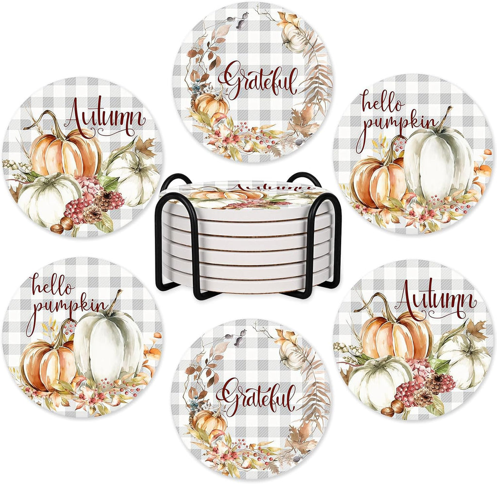6Pcs Fall Plaid Pumpkin Coasters with Holder, White Pumpkin Ceramic