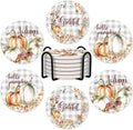 6Pcs Fall Plaid Pumpkin Coasters with Holder, White Pumpkin Ceramic