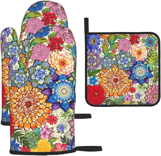 Boho Floral Oven Mitts and Pot Holders Sets of 3, Colorful Flowers Heat by Unknown