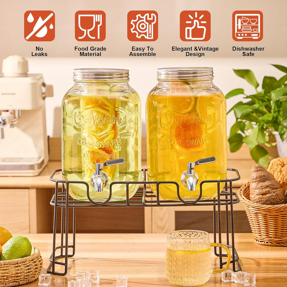 1 Gallon Glass Drink Dispensers for Parties, 2 Pack Beverage Dispenser