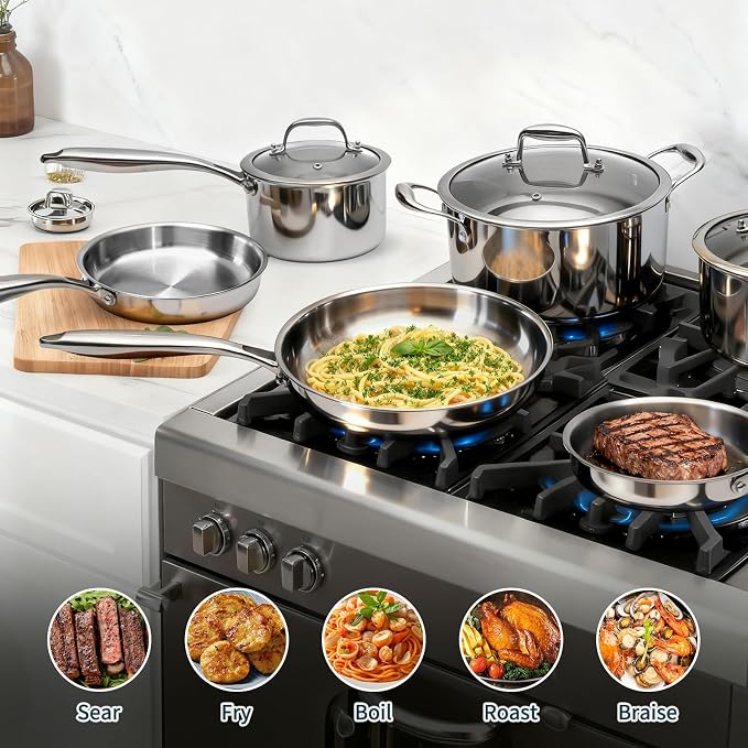 3 Ply Stainless Steel Cookware Set, AIVIKI 10-Pieces Pots and Pans Set - Image 6