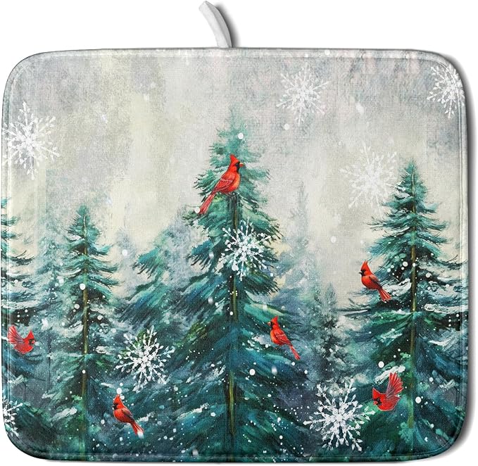 Pine Tree Dish Drying Mat for Kitchen Countertop Red Bird Dishes Mats Winter by Giwawa