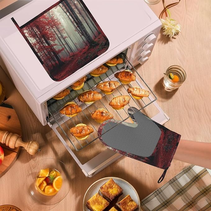 Forest Oven Mitts and Pot Holders Sets Red Trees Landscape Silicone Heat - Image 5
