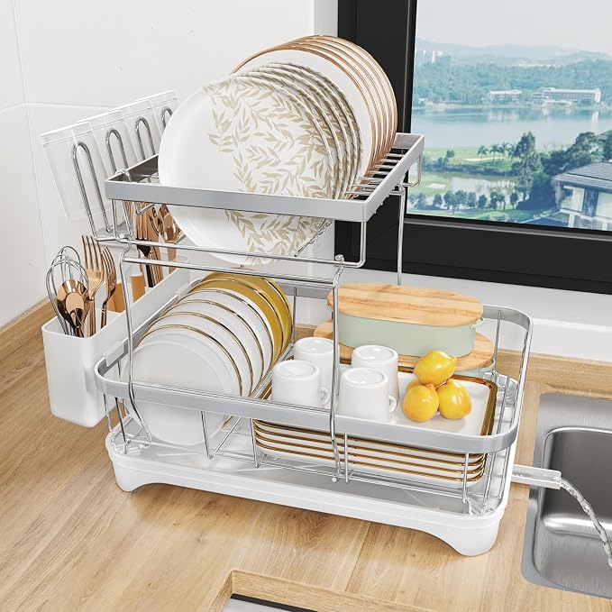 Dish Drying Rack for Kitchen Counter, 2-Tier 304 Stainless Steel Dish Rack by HOMEAILIE