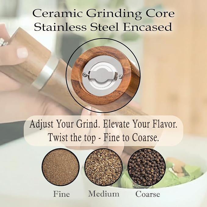 Premium Acacia Wood Salt & Pepper Grinder Set, 8-Inch Manual Mills - Image 4