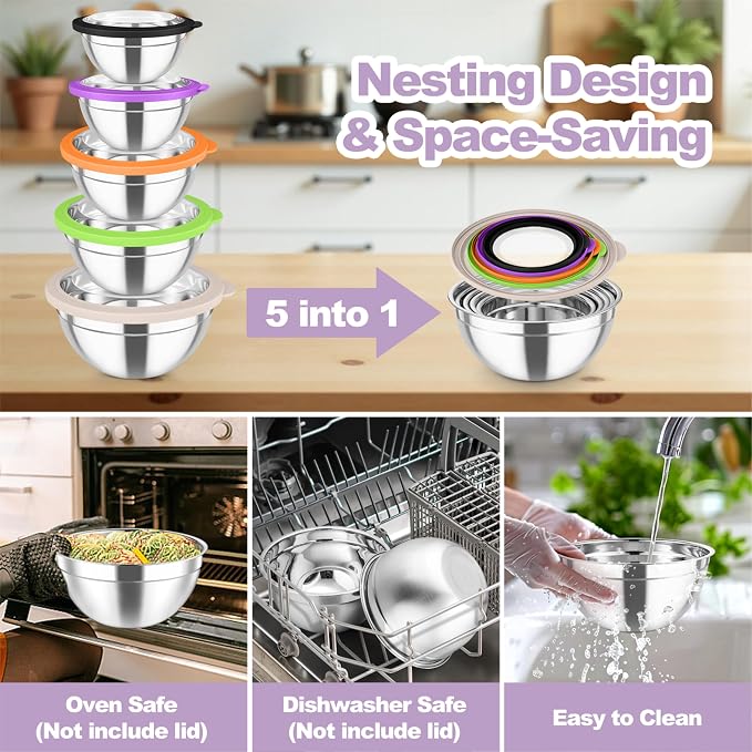 TeamFar Mixing Bowl Set, 4.5/3/1.5/1/0.7 QT Stainless Steel Nesting Salad Bowls - Image 7