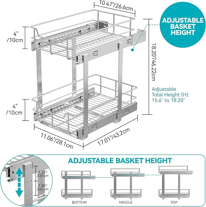 2 Tier Pull Out Cabinet Organizer 11" W X 17" D, Slide Out Drawers - Image 2