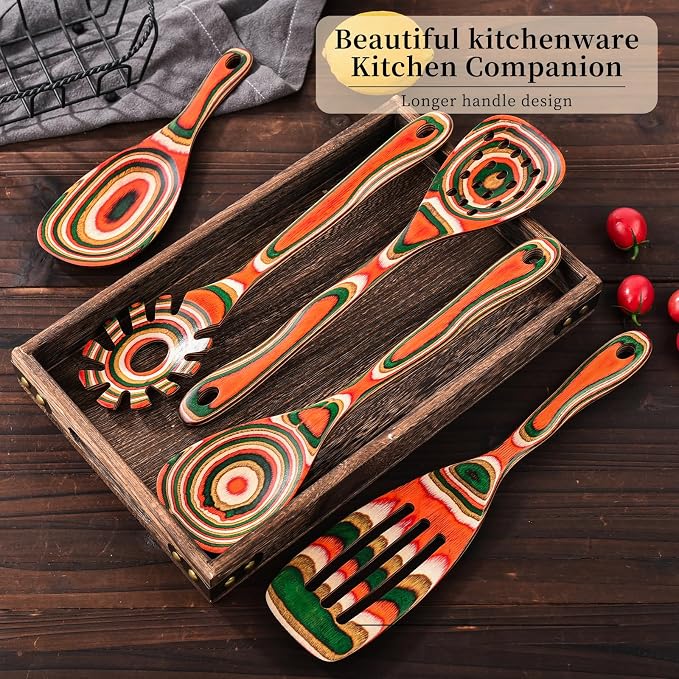 Gudamaye Pakkawood 7-Piece Red Wooden Cooking Utensils, Wooden Spoons - Image 6