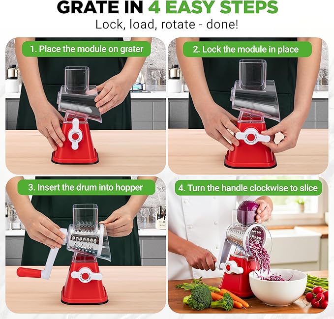 Nutrichef 3 in 1 Cheese Grater & Shredder | Strong Suction Base, Rotary Handle - Image 2