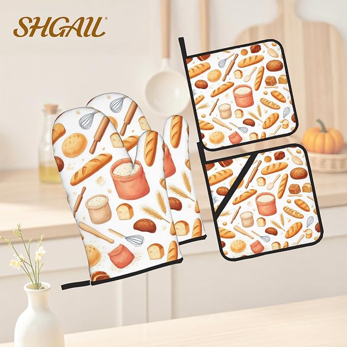 Kitchen Bread Oven Mitts with Matching Potholders - Image 2
