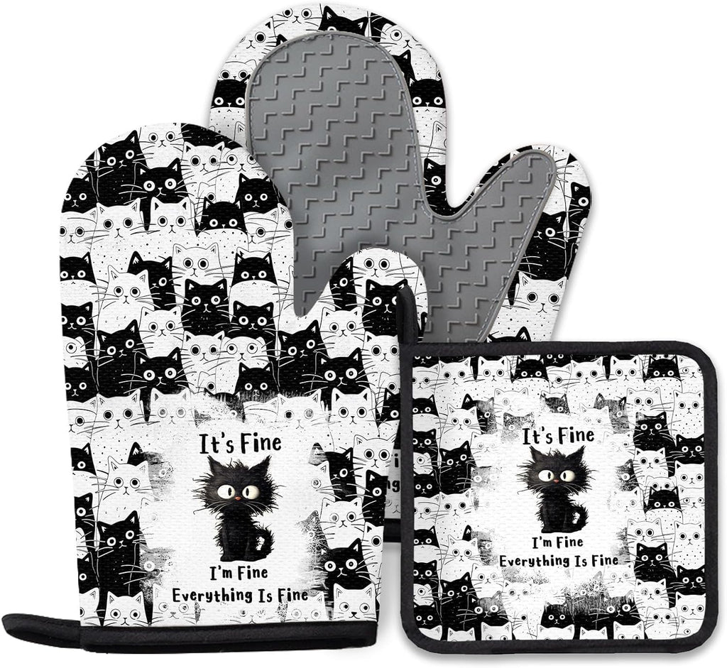 Black Cat Oven Mitts and Pot Holders Sets 3PCS, Cat Silicone Heat