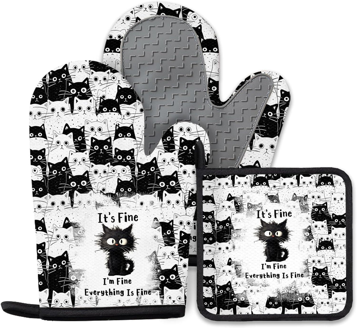 Black Cat Oven Mitts and Pot Holders Sets 3PCS, Cat Silicone Heat