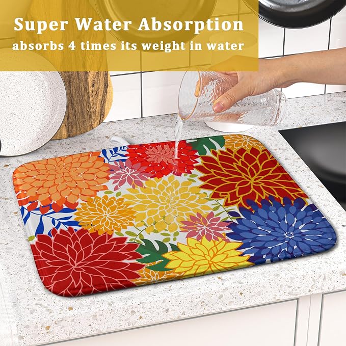 Modern Floral Dish Drying Mat 16x18 in Multicolored Tropical Drying Pad - Image 7