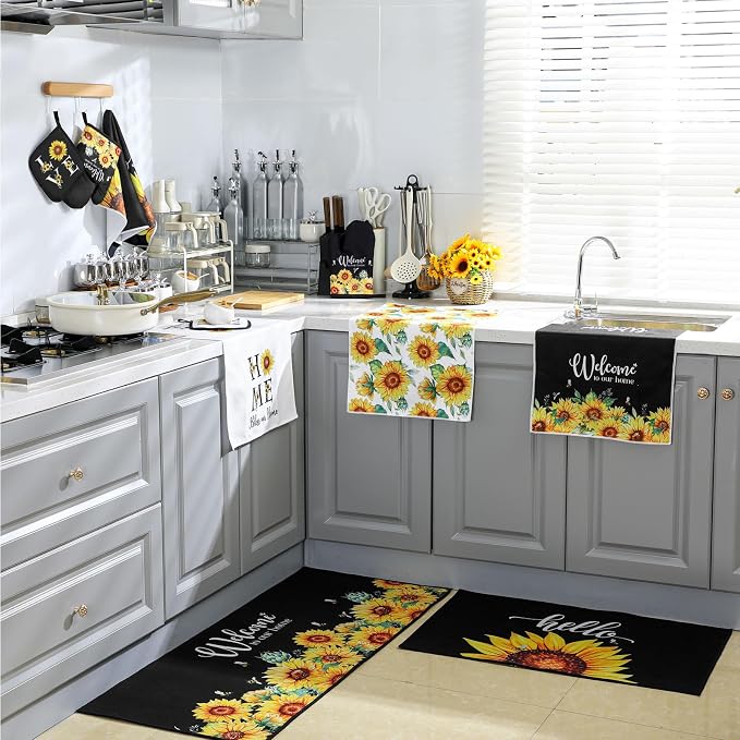Fourluoo 10 Pcs Sunflower Kitchen Dish Towels Rugs Oven Mitts and Pot Holders - Image 4