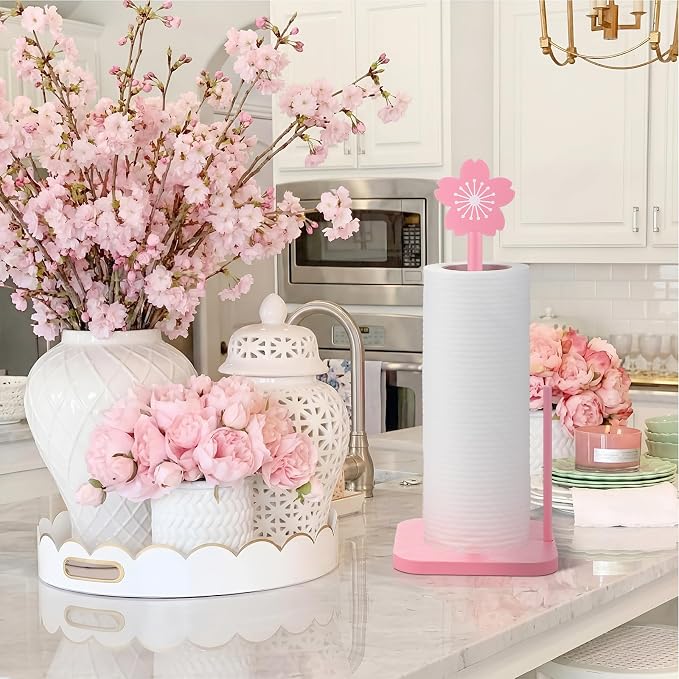 Leinuosen Pink Cherry Blossoms Paper Towel Holder Cute Bow Wooden Paper Towel - Image 5