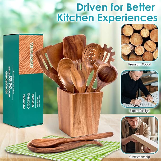 HOWHONG Wooden Spoons for Cooking, Premium Acacia Wood Kitchen Utensil Set - Image 6