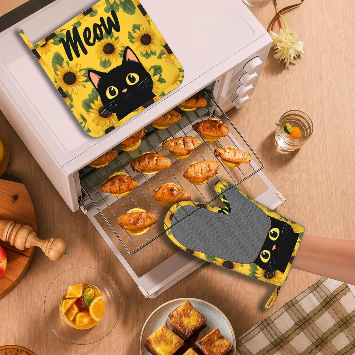 Cute Black Cat Oven Mitts and Pot Holders Sets Sunflower Non-Slip