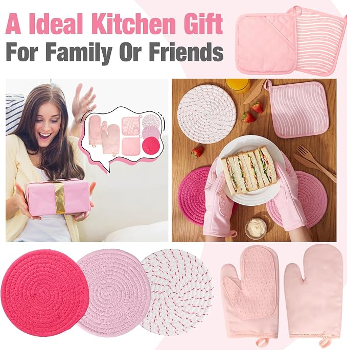 Sumind Pink Oven Mitts and Pot Holders 7 Sets, Heat Resistant Kitchen Gloves - Image 6