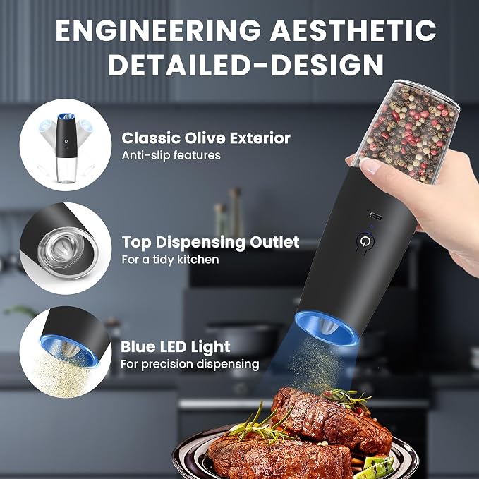 UNNEES Rechargeable Electric Salt and Pepper Grinder, gravity electric salt and - Image 4