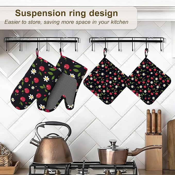 Cherry Oven Mitts and Pot Holders Sets of 4, Heat Resistant Daisy Floral - Image 5