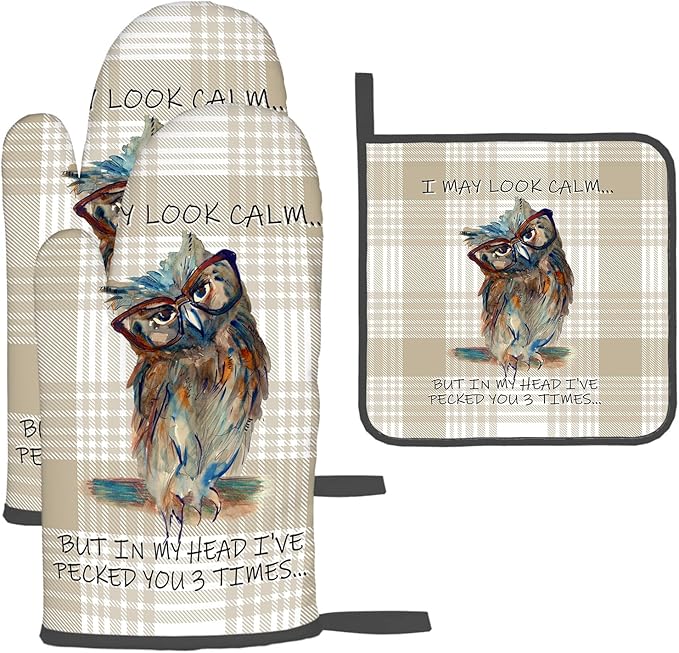 Funny Owl Oven Mitts and Pot Holders Sets of 3 Kitchen Hot Pads Cute Buffalo by Unknown