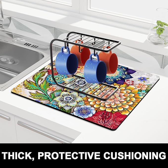 Rnivvi Dish Drying Mat for Kitchen Counter, 16 x 18" Cute Flower Theme - Image 2